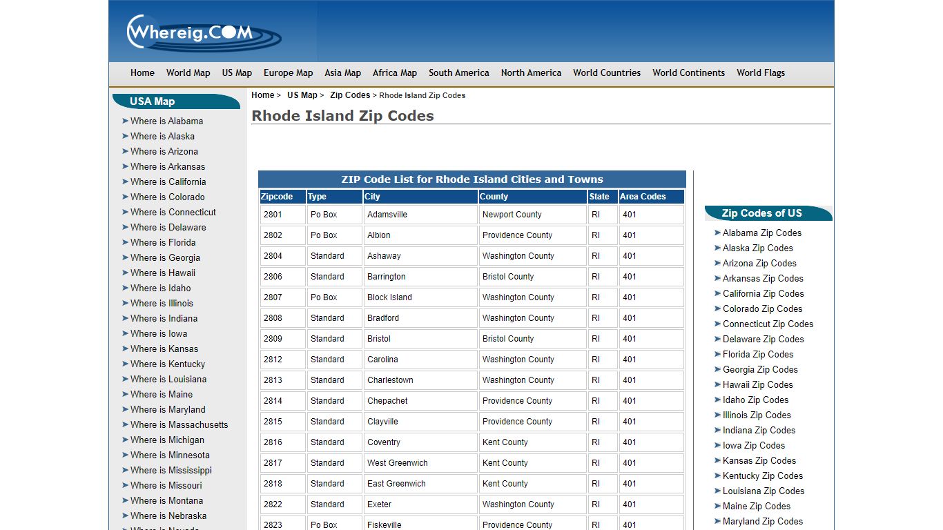 Rhode Island Zip Codes - whereig